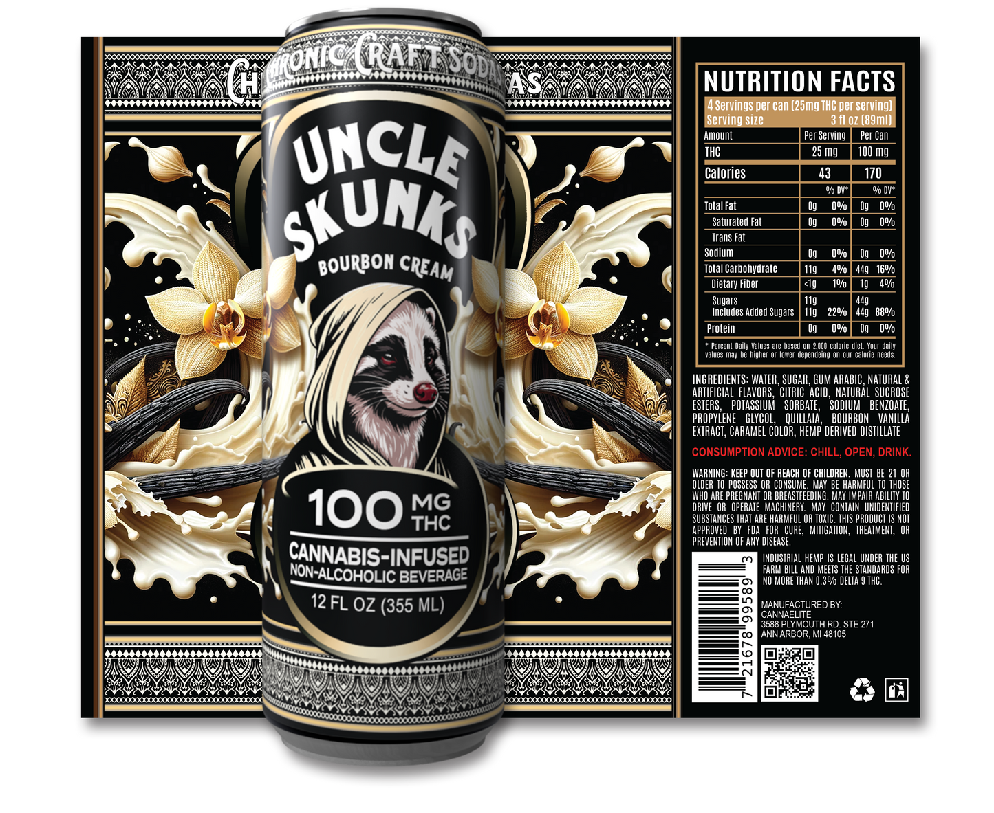 100 Mg D9 | Bourbon Cream | Uncle Skunks | 12oz | Chronic Craft Soda