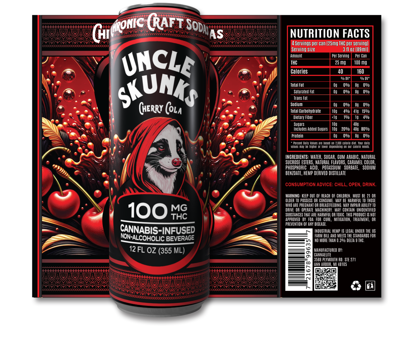 100 Mg D9 | Cherry Cola | Uncle Skunks | 12oz | Chronic Craft Soda