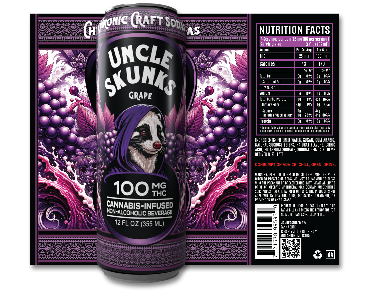100 Mg D9 | Grape | Uncle Skunks | 12oz | Chronic Craft Soda