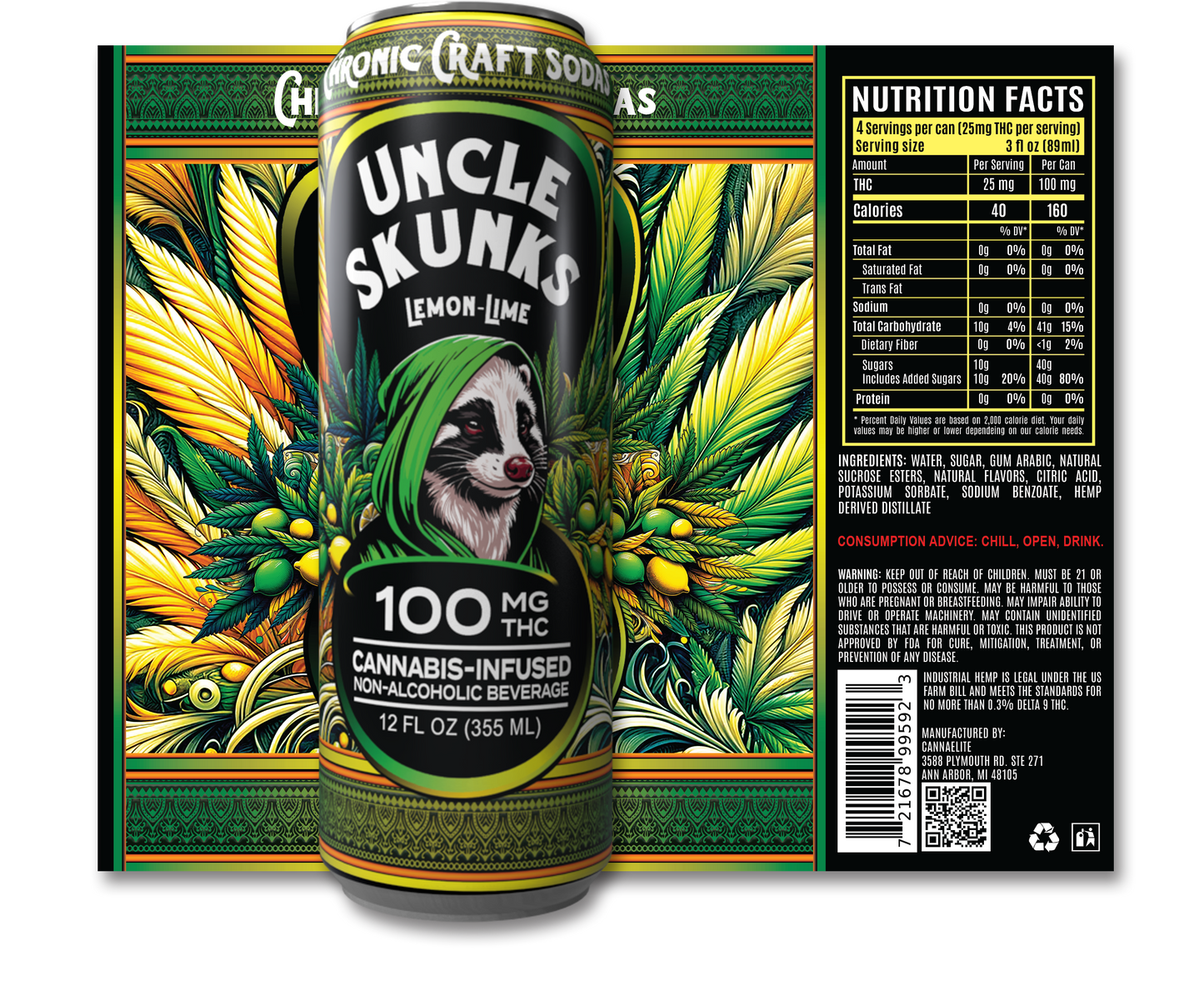 100 Mg D9 | Lemon Lime | Uncle Skunks | 12oz | Chronic Craft Soda