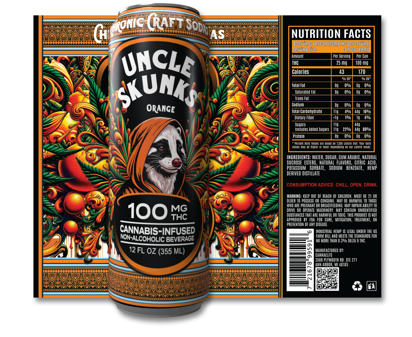 100 Mg D9 | Orange | Uncle Skunks | 12oz | Chronic Craft Soda