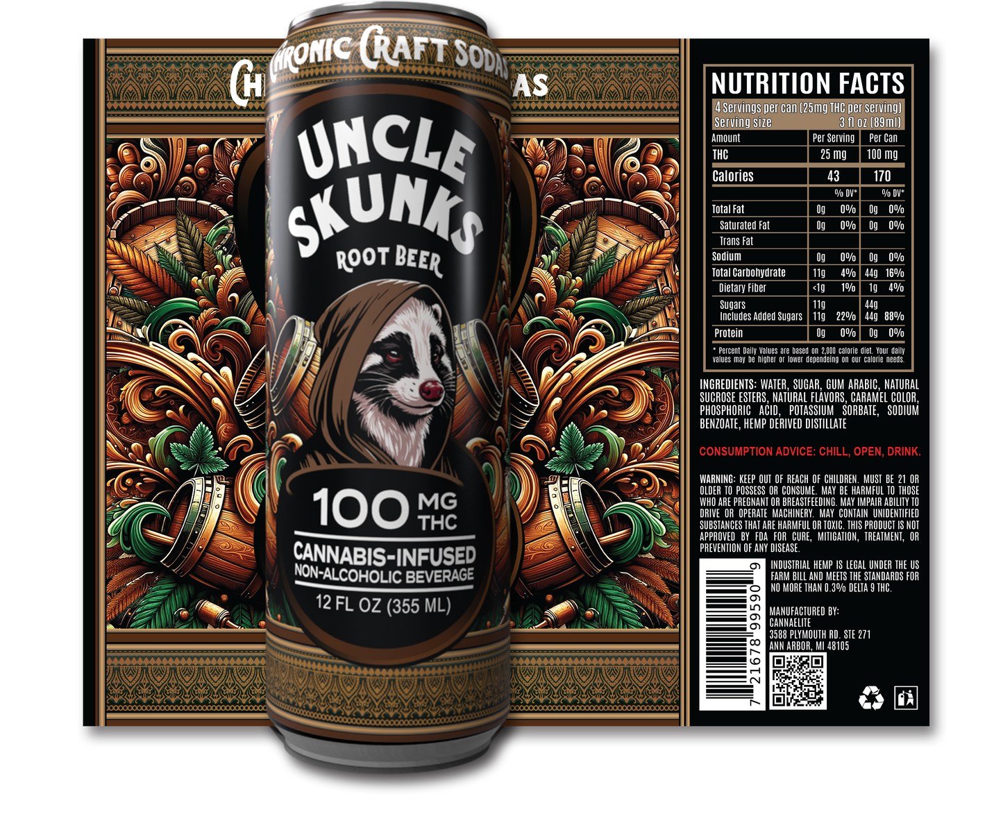 100 Mg D9 | Root Beer | Uncle Skunks | 12oz | Chronic Craft Soda